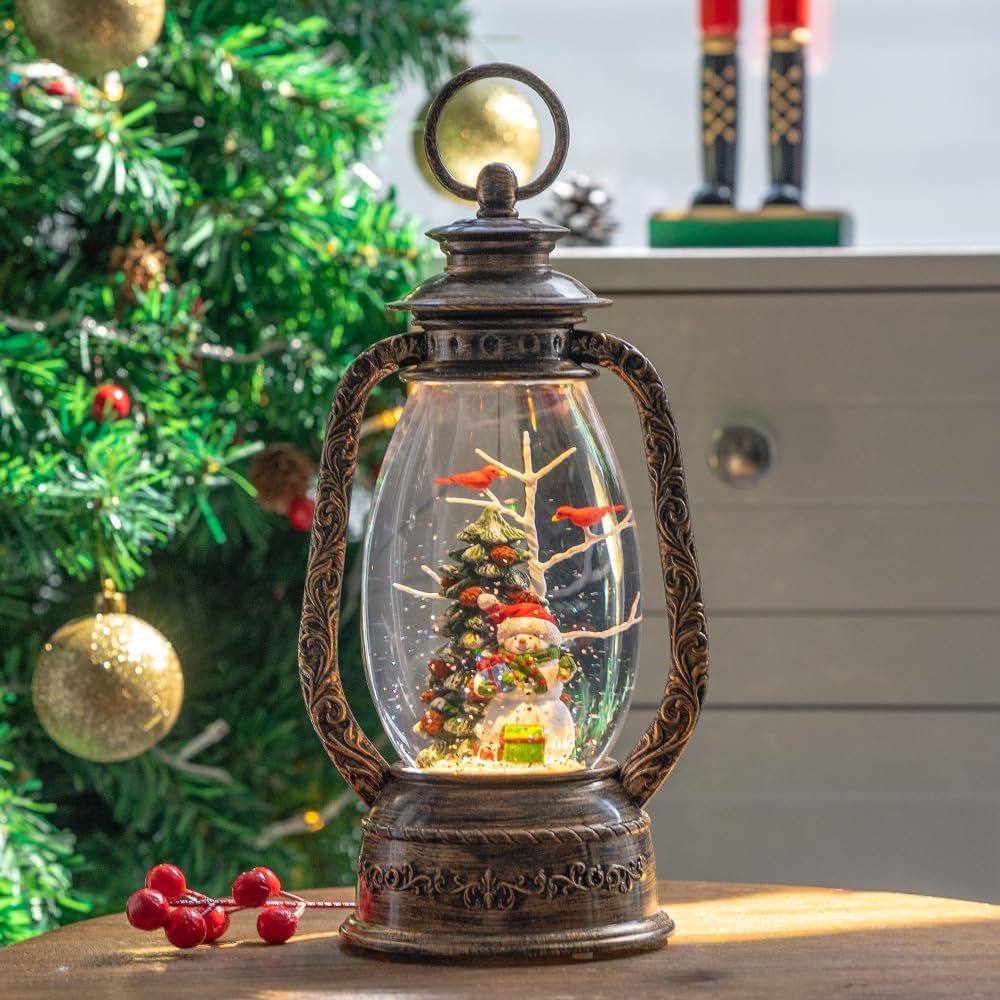12" Christmas Snow Globe Lantern, Musical Snowman Snow Globes, Indoor Home Christmas Decor, Battery or USB Powered, with 6-Hour Timer, Christmas Decorations
