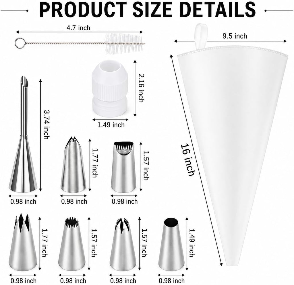 10-Piece Reusable Piping Bags and Tips Set-Cotton Baking Kit with Coupler,16inch Pastry Bags,Stainless Steel Nozzles & Cleaner for Cakes/Cupcakes/Cookies Decorating (10 Pcs)