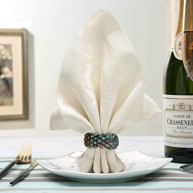 Jeweled Napkin Rings Set of 6 - Vintage Metal Crystal Rustic Peacock Napkin Ring Holders for Wedding Party Holiday, a Beautiful Dinner Table Décor (Multicolor)