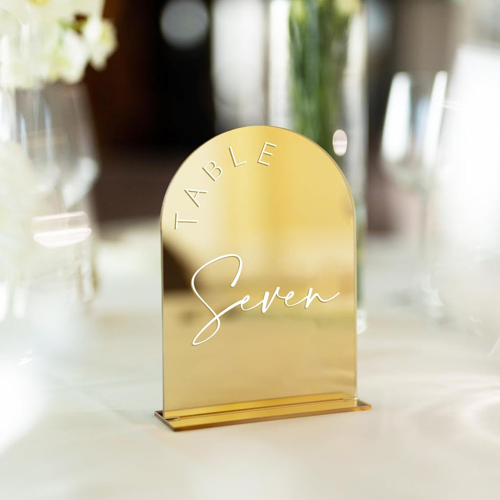 Gold Mirror Arched Wedding Table Numbers 1-10 with Stands, 5x7 Inch Acrylic Arch Sign with Holder, Gold Arch Acrylic Table Numbers for Wedding Reception