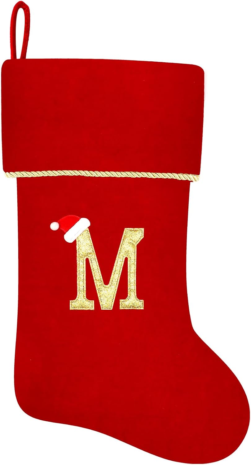 20 Inches Initial Monogram Red Christmas Stocking, Personalized Large Embroidered Letter Velvet Christmas Stocking with Gold Trim Decoration for Family Christmas Holiday Party Decor(Letter M)