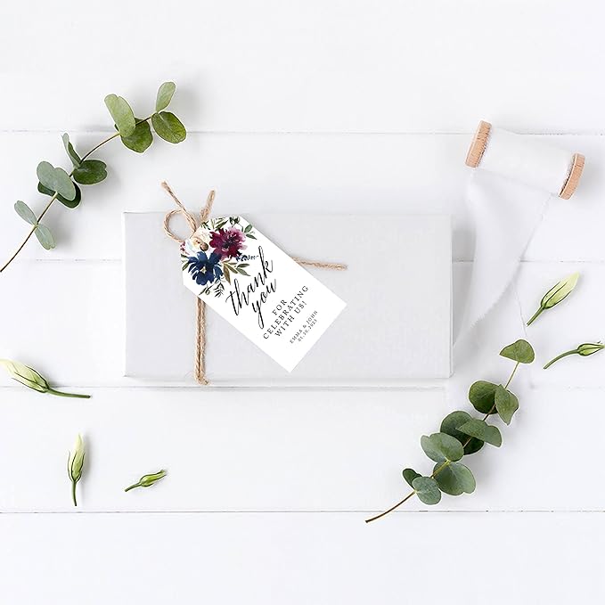 Andaz Press 100-Pack Personalized Thank You for Celebrating with Us Wedding Favor Tags with Bakers Twine Navy Blue Burgundy Florals Custom Cardstock Wedding Gift Tags for Party Favors 2 x 3.75-Inches