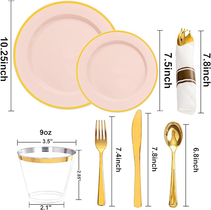 SUT 350 Pcs Pink and Gold Plastic Dinnerware Set for 50 Guests, Include: 50 Dinner Plates, 50 Dessert Plates, 50 Pre Rolled Napkins With Silverware, 50 Cups, Disposable Plates for Baby Shower, Party