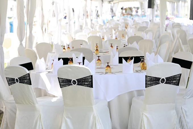 100 Pcs Chair Sashes Sequin Stretch Chair Bands Spandex Polyester Bows for Party Hotel Wedding Banquets Decoration - Black