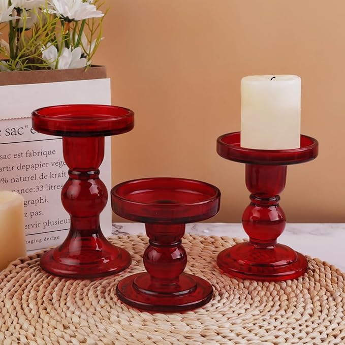 6-Piece Set of Red Glass Candlestick, Crystal Candlestick Holder Holder and Conical Candle, Christmas Candle Holder Decoration, Family Living Room Wedding Candle Holder (red2sets)