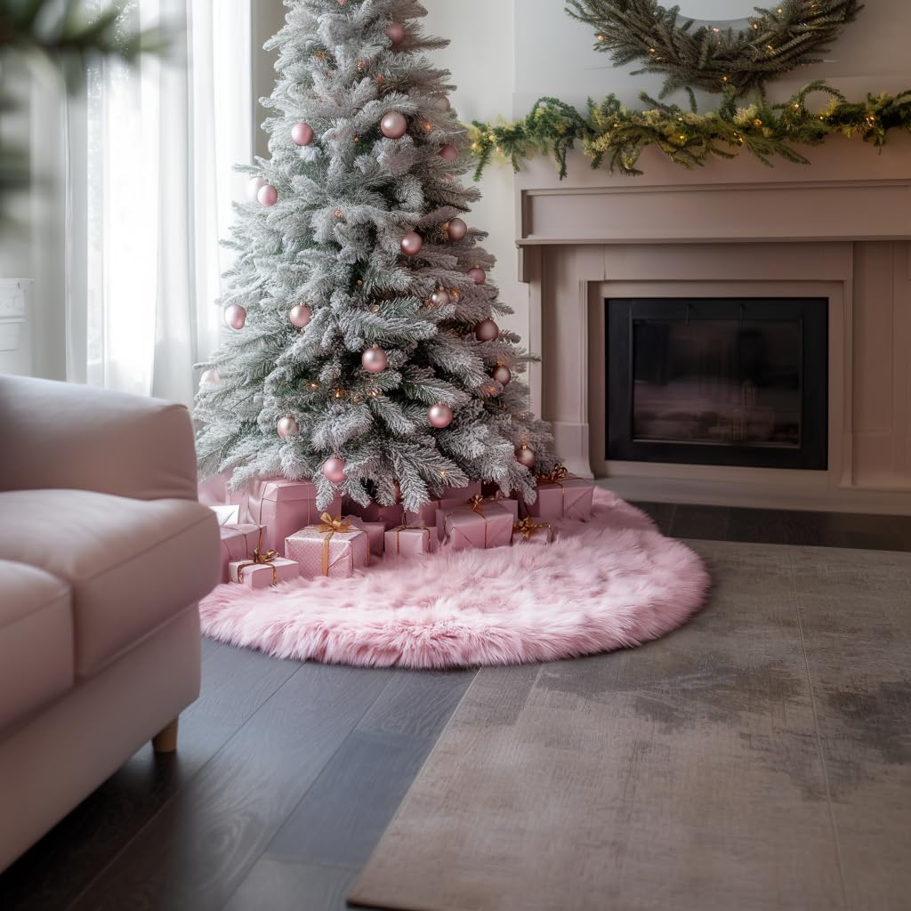 72 Inch Pink Christmas Tree Skirt Plush Decoration for Merry Christmas Party - Faux Fur Christmas Tree Skirt Decorations