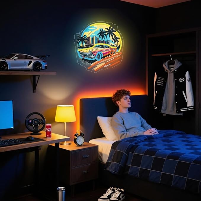 Sports Car Neon Signs for Wall Decor,Racing Car LED Signs for Bedroom,Cool UV Print Hawaiian Style Neon Sign for Boys And Girls Room,Sunset Lamp Man Cave Garage Gaming Lights Game Room Decor