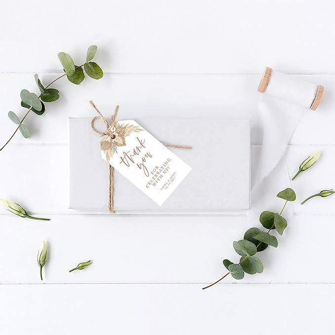Andaz Press 100 Pack Personalized Thank You Tags with Boho Design, Dried Palms - Boho Custom Wedding Gift Tags for Wedding Party Favors - 2 x 3.75-Inches