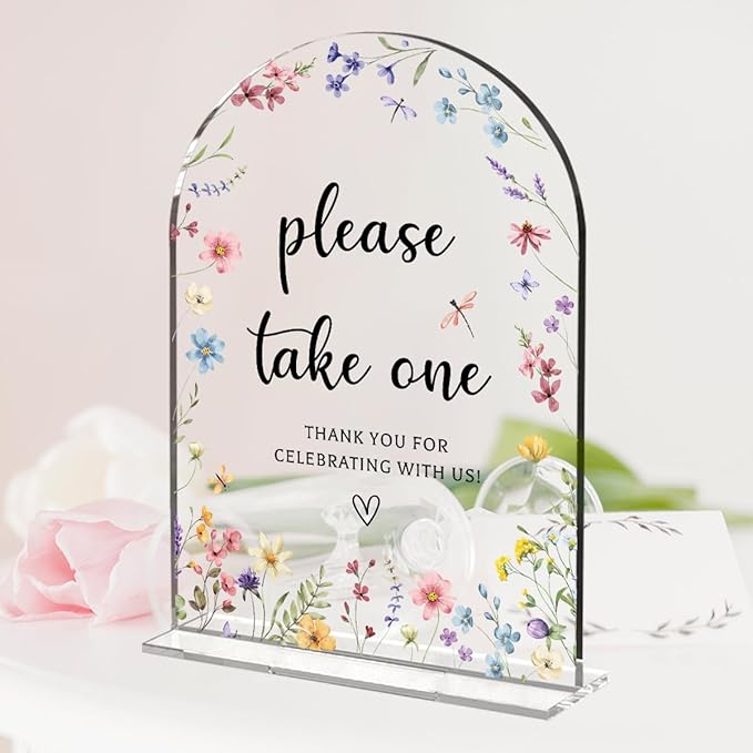 Wedding Sign Decor, Please Take One Sign, 5x7 Inch Arch Acrylic, Wedding Sign for Reception & Event, Bridal Shower Decorations, Wedding Table Sign Accessories for Anniversary And Party (Flower)