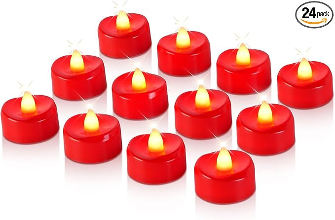 Raycare Red LED Tea Lights Battery Operated, 200+Hour Flickering Votive Candles,Realistic Fake Flameless Tea Lights for Wedding Party Halloween Thanksgiving Christmas Decorations, 24 Pack