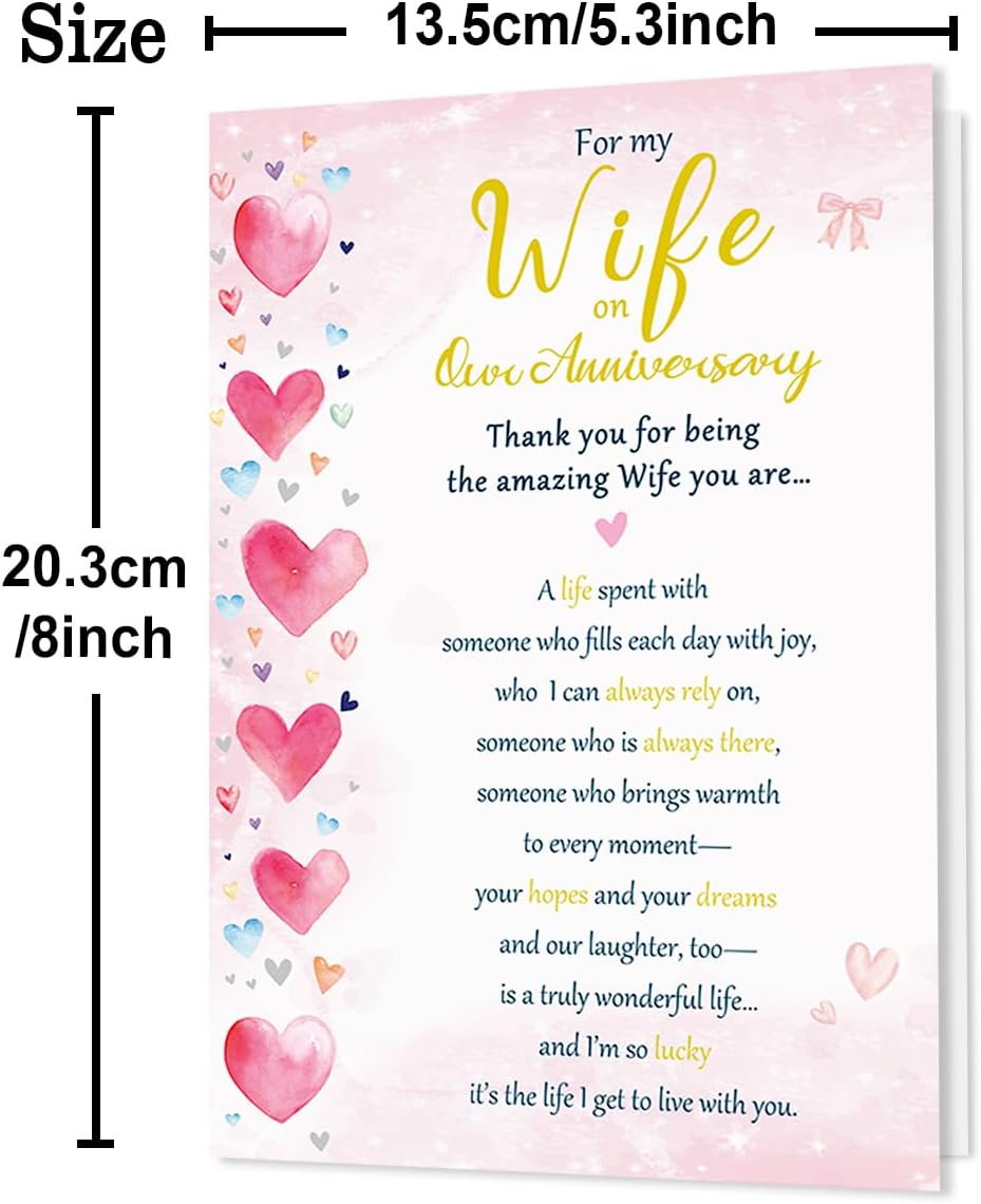 Beixian Anniversary Cards for Wife | Happy Wedding Anniversary Card Gift for Wife from Husband 8x5.3 Inches, Double Sided, with Matching Pink Envelope