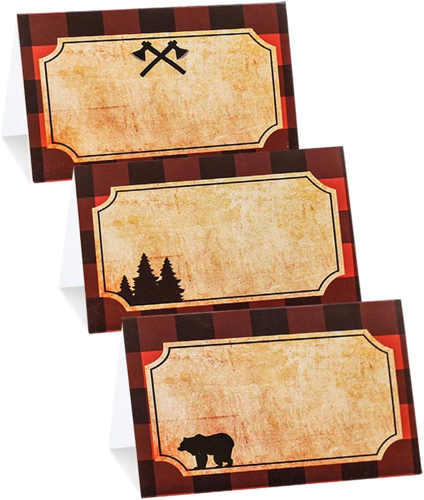 Lumberjack Party Place Cards | Lumberjack Buffalo Plaid Food Tents and Food Labels Decorations, Woodland Baby Shower Party Supplies