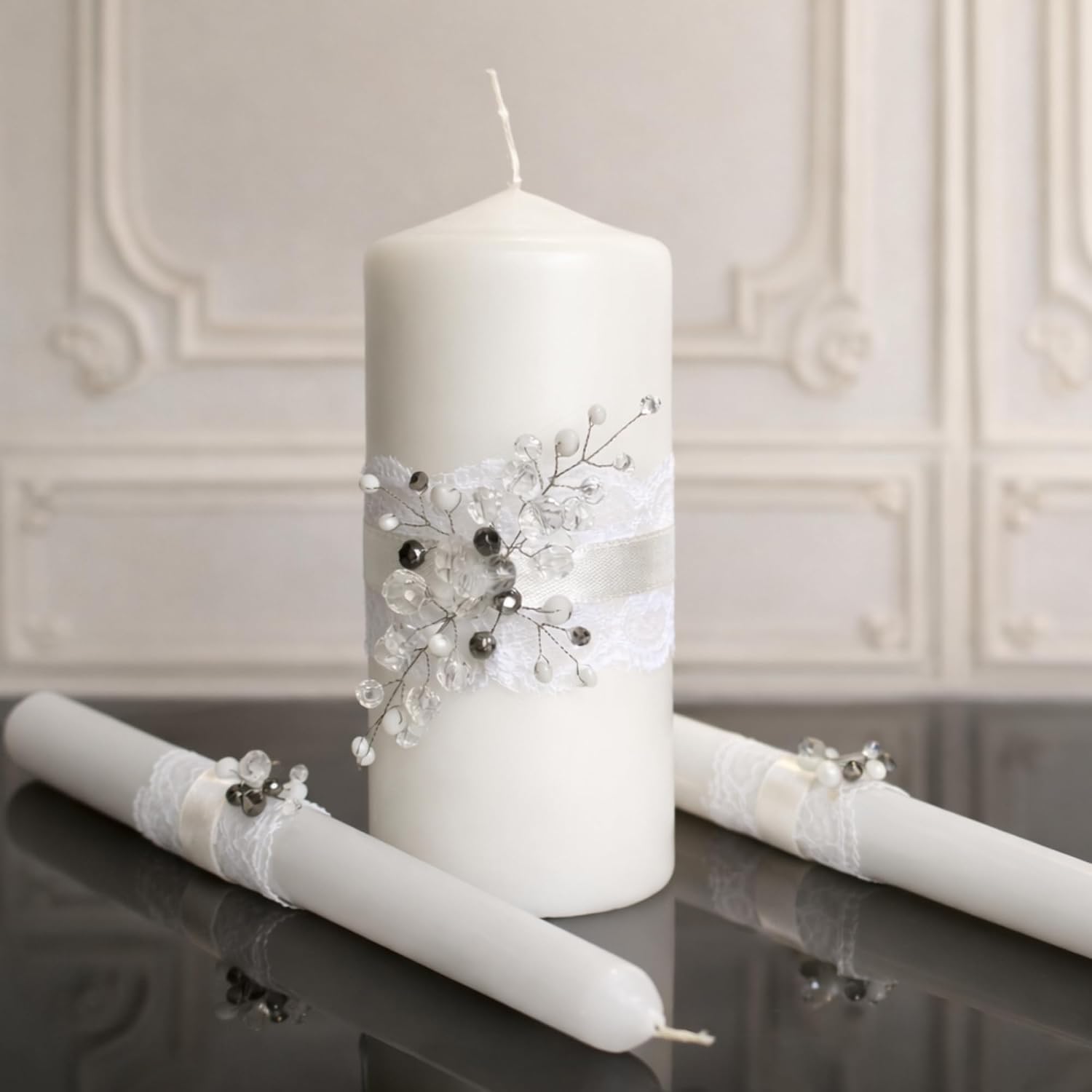 Unity Candle Set - Wedding Ceremony & Reception – 6” Pillar & Two 10” Taper Candles – Long Burning Unity Candles for Marriage Ritual – Handmade in USA –Diamond | White