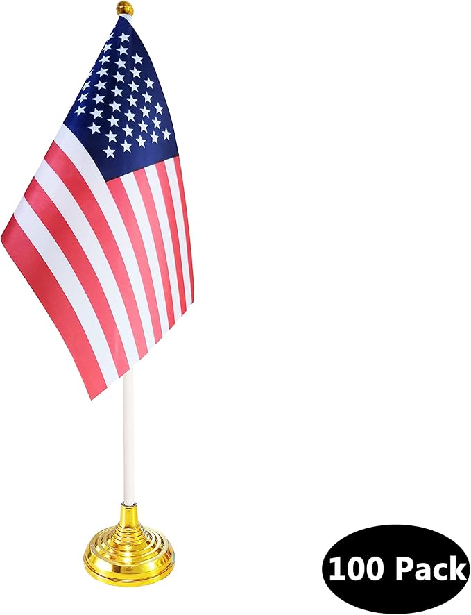 100 Pack USA US Desk Flags,Small Mini American Deluxe Table Flags Set with Stand Base，8.2 x 5.5 inches Miniature Desktop Flag