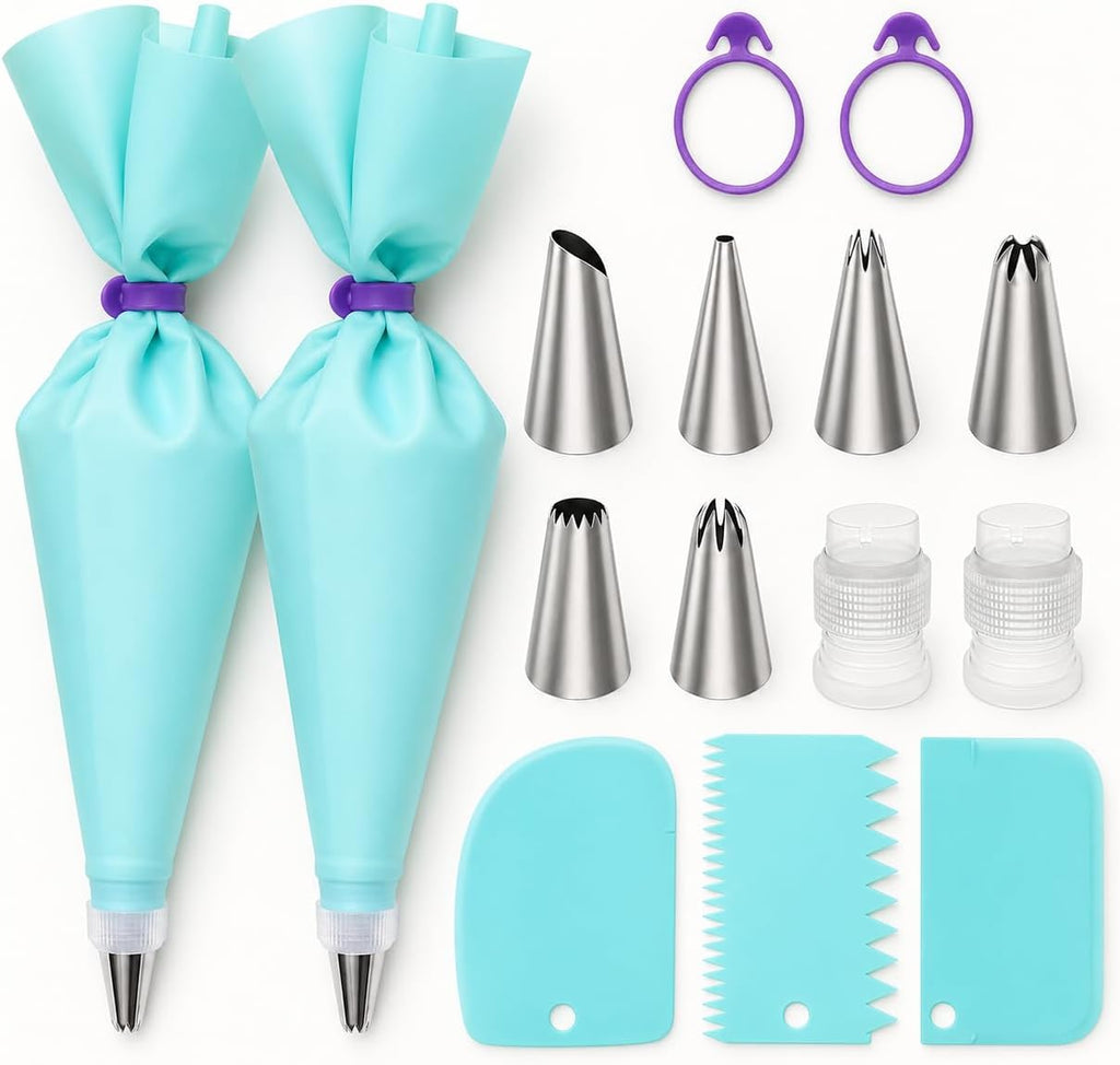15-Piece Piping Bags and Tips Set, Cake Decorating Kit with 6 Stainless Steel Icing Tips, 2 Reusable Blue EVA Pastry Bags, 2 Couplers, 2 Silicone Ties and 3 Cake Scrapers for Baking