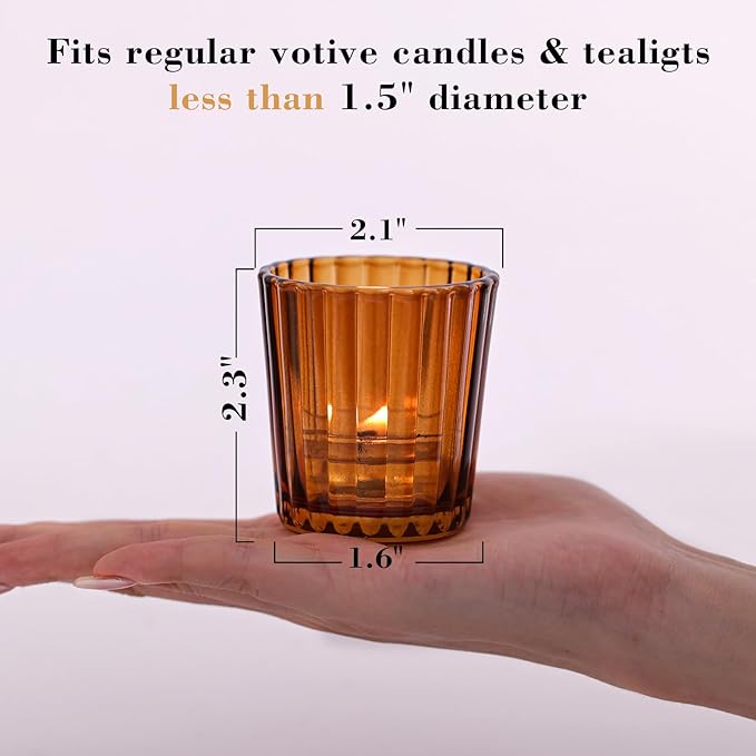 24pcs Vintage Ribbed Amber Votive Candle Holders, Fall Centerpieces for Tables, Tealight Candle Holder for Thanksgiving, Wedding Decor, Boho Home Decor and Christmas Decor