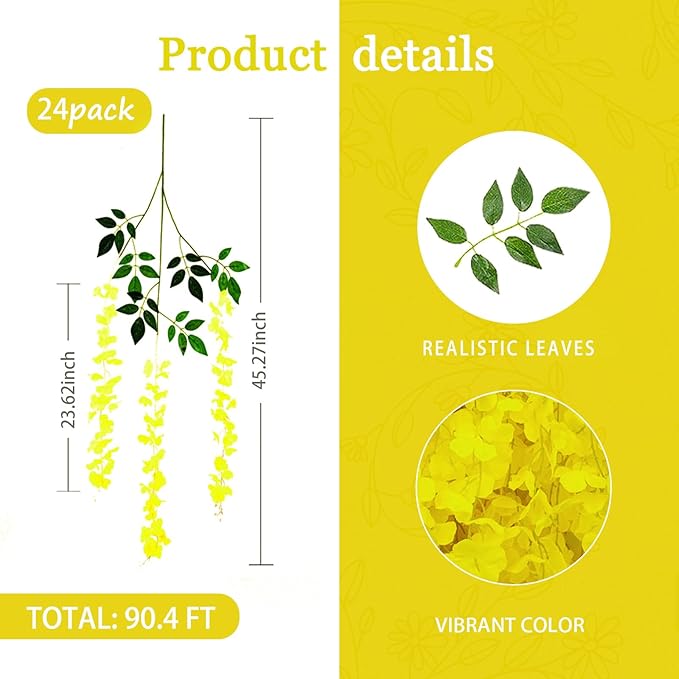 24 Pack Yellow Wisteria Hanging Flowers Garland, 3.77 Feet Artificial Flower Vines, Fake Wisteria, Artificial Vines Hanging Garland for Backdrop Outdoor Yard Garden Decor