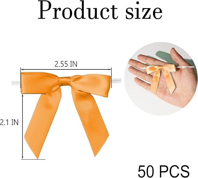 50Pcs Orange Twist Tie Bows for Gift Wrapping 2.5" Satin Ribbon Bow for Treat Bags Balloons Birthday Party Favors Wedding Decorations