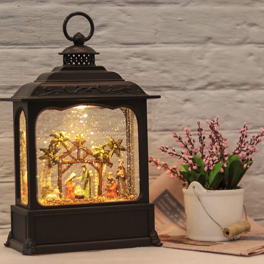 Wondise Christmas Musical Snow Globe Lantern with 6 Hour Timer, 11.2 Inch USB Cord & Battery Operated Spinning Water Glitters Lighted Singing Snow Globe Lantern Christmas (Nativity)