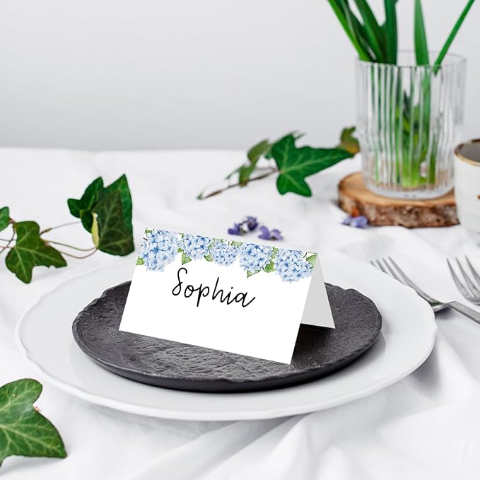 25 Pack Blue Floral Place Cards, Editable Name Cards for Table Setting, Tent Cards Food Label for Dinner Party, Bridal Shower, Wedding, Baby Shower and Events -T12