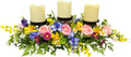 24" Spring Summer Floral Candle Holder Centerpiece for Table Decor | Triple Candle Cups with Pink Roses, Blue Iris-Style Flowers, Daisies and Fern Leaves for Spring Summer Decor