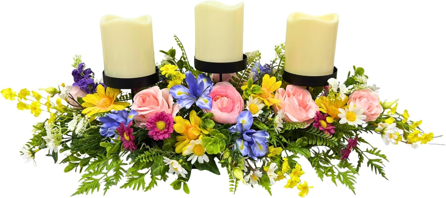 24" Spring Summer Floral Candle Holder Centerpiece for Table Decor | Triple Candle Cups with Pink Roses, Blue Iris-Style Flowers, Daisies and Fern Leaves for Spring Summer Decor