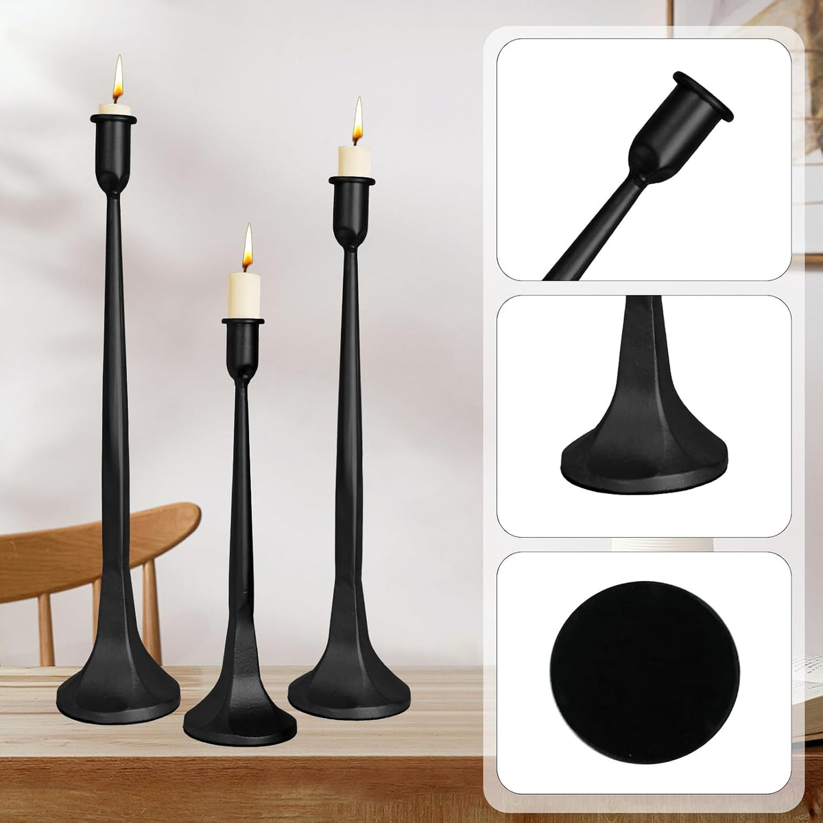 Black Taper Candle Holders Set of 3, Tall Candlesticks