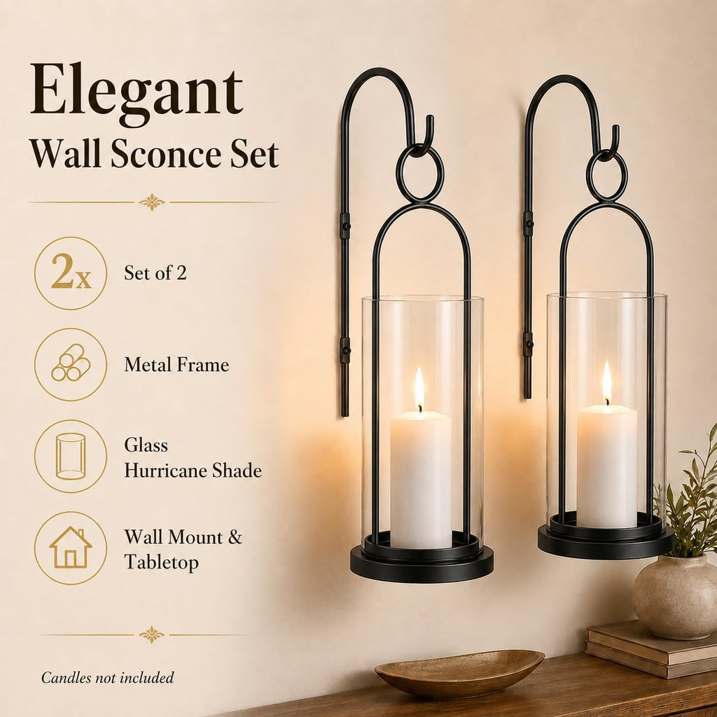 Black Wall Sconces Set of 2, Wall Candle Holder with Hurricane Glass | For Pillar Candles, Farmhouse Wall Decor, Modern Metal, For Living Room, Fireplace, Entryway