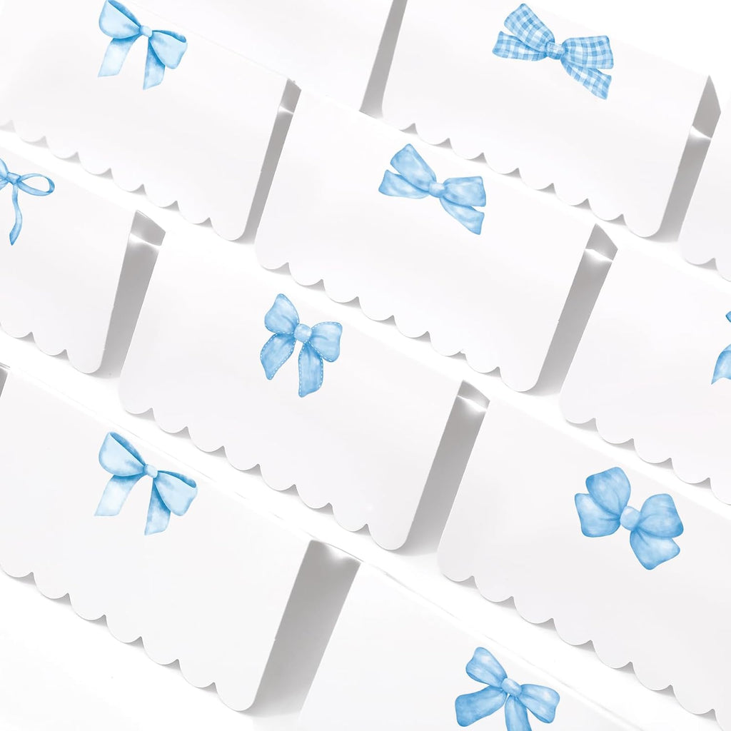Whaline 80 Pcs Blue Bow Place Cards 8 Design Watercolor Bowknot Tented Name Cards 2 x 3.5 Inch Scalloped Blank Seat Assignment Labels for Party Table Setting Supplies