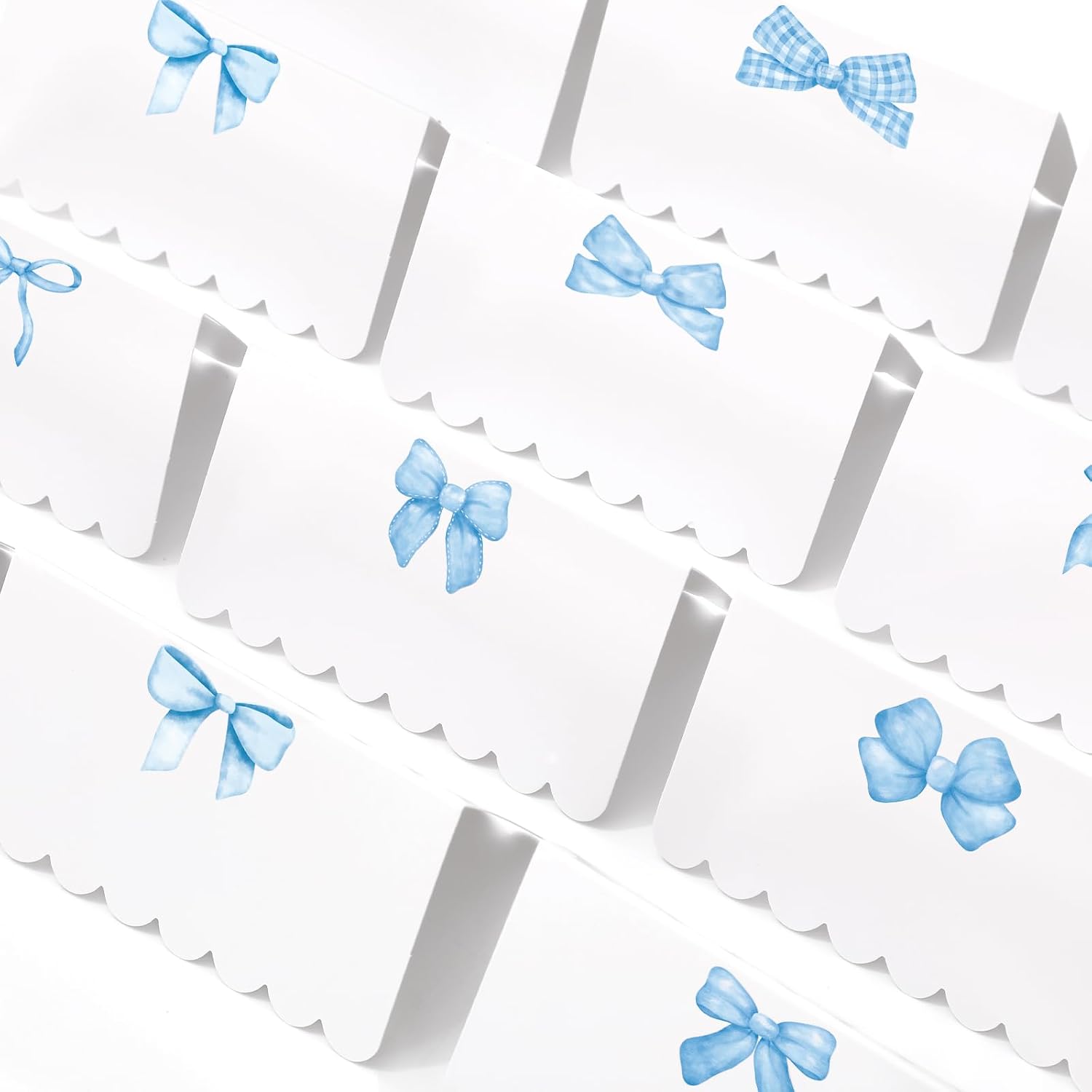 Whaline 80 Pcs Blue Bow Place Cards 8 Design Watercolor Bowknot Tented Name Cards 2 x 3.5 Inch Scalloped Blank Seat Assignment Labels for Party Table Setting Supplies