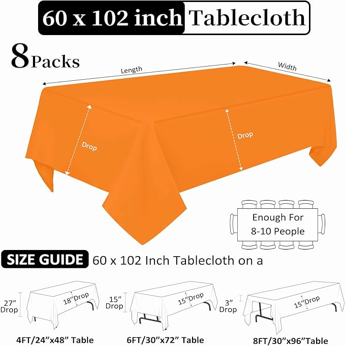 8 Pack Orange Tablecloth 60 x 102 Inch Rectangular Tablecloths for 6 Foot Rectangle Tables, Wrinkle Resistant Orange Table Cloth Washable Polyester Fabric for Buffet Wedding Party Banquet