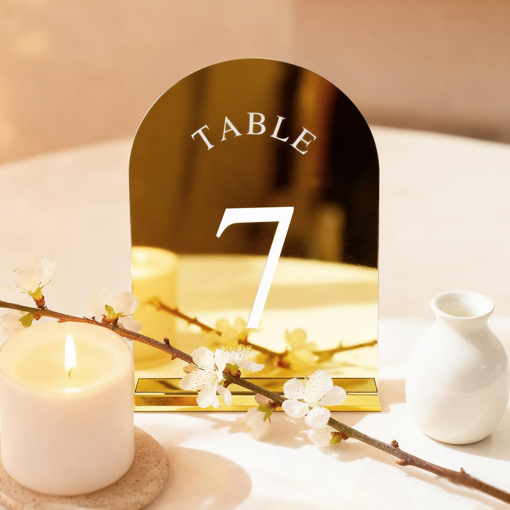 Gold Wedding Table Numbers with Stands, Double Sided 5x7 Inch Acrylic Signs Numbered 1-20, Elegant Arch Design Table Decorations for Wedding Reception Party Events