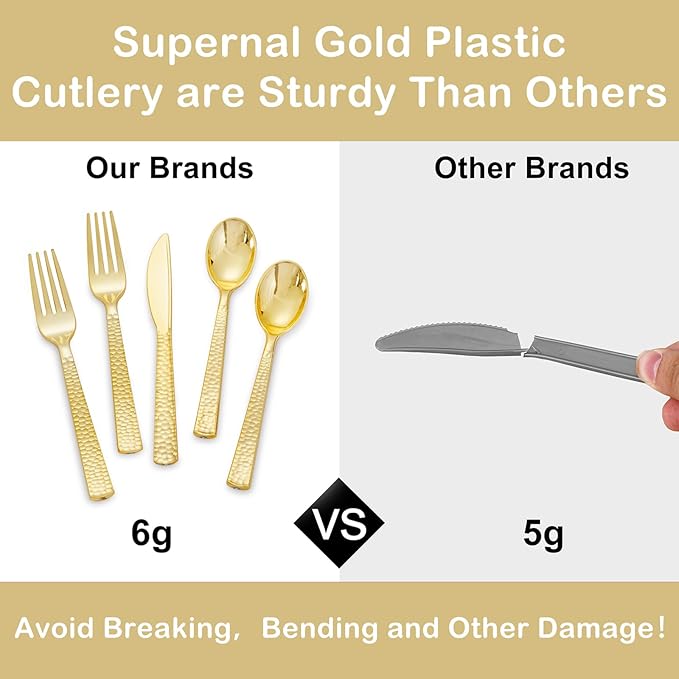 Supernal 180 pieces Gold Plastic Silverware, Disposable Plastic Utensils Heavy Duty, Gold Disposable Silverware Sets Include 60 Knives, 60 Forks and 60 Spoons, Suitable for Party, Birthday, Wedding