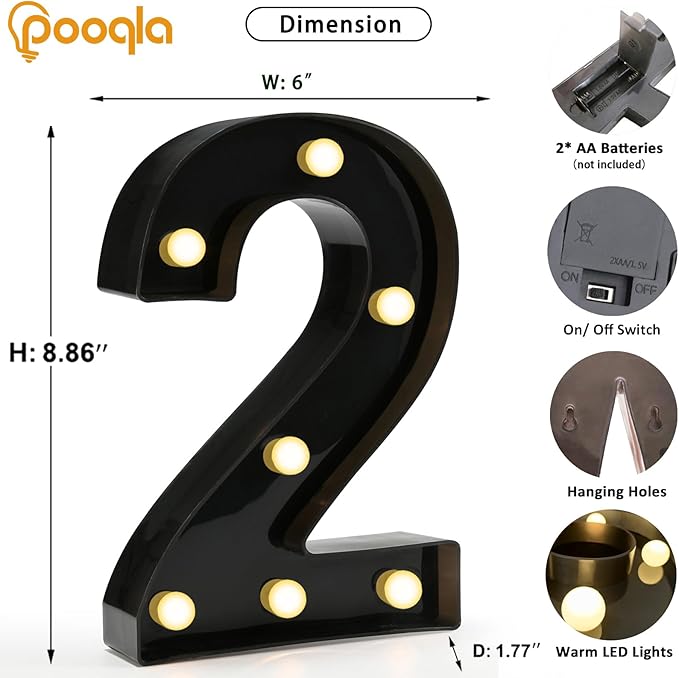 Pooqla Decorative Led Light Up Number Letters, Black Plastic Marquee Number Lights Sign for 2nd 21th Birthday Party Wedding Decor Battery Operated Black Decoration 2