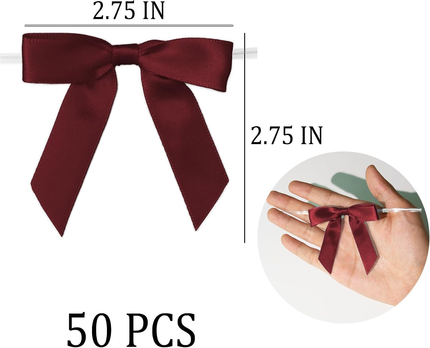 Satin Ribbon Bows for Gift Wrapping - 2.5 Inch Premade Bows with Twist Ties for Treat Bags, Birthday, Baby Shower, Wedding & Party Decorations - 50 Count (Burgundy)