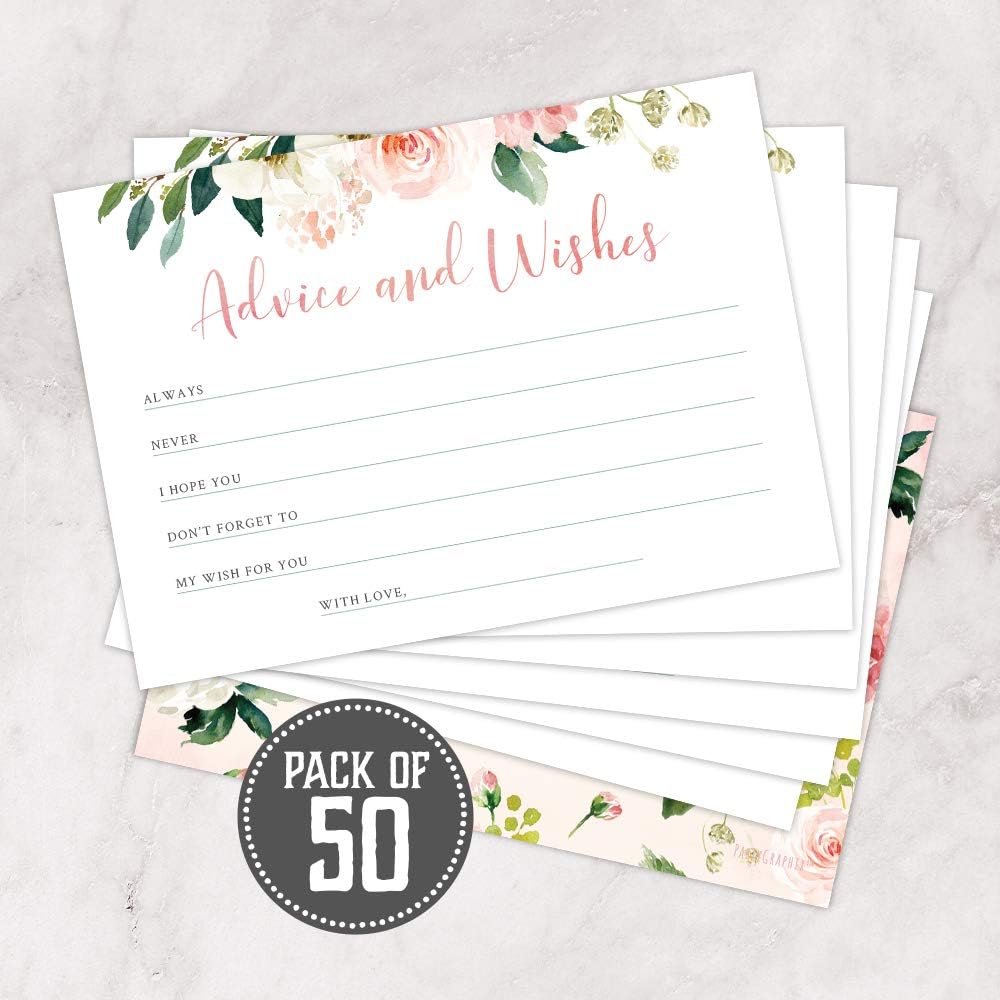 Set of 50 Advice and Wishes Cards - Double Sided Floral Cards, Perfect for the Bride and Groom, Baby Shower, Bridal Shower, Wedding Shower, Graduation Party, Retirement Party, Anniversary