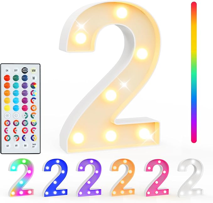 Pooqla Colorful Light Up Numbers, 35 Colors LED Marquee Number Lights for 2nd Birthday Decorations with Remote, RGB Lighted Numbers Gift for Girls Boys Party Night Light Wedding Home Decor, Number 2