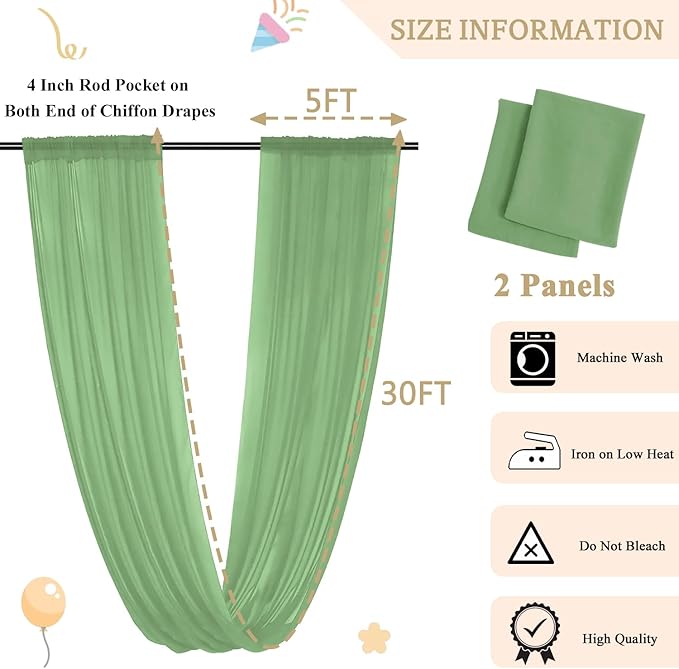 MODFUNS Ceiling Drapes for Weddings Sage Green Ceiling Draping Fabric 2 Panels 5x30ft Chiffon Wedding Arch Drapery Sheer Curtain Drapes Voile Ceiling Curtain for Wedding Party Ceiling Decor