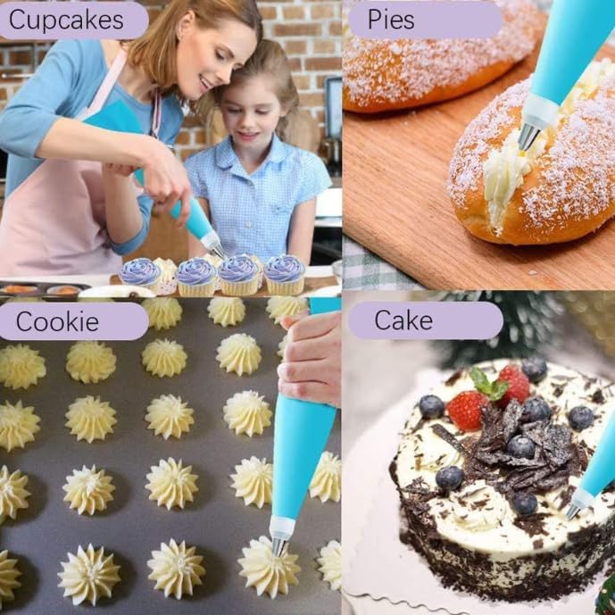 21 Pcs Reusable Piping Bags and Tips Set, Cake Decorating Tips Set with 14 Stainless Steel Piping Tips, 2 Pastry Bags, 2 Couplers and 3 Scrapers, Kitchen Accessories for Making Cupcakes, Cookies, Blue
