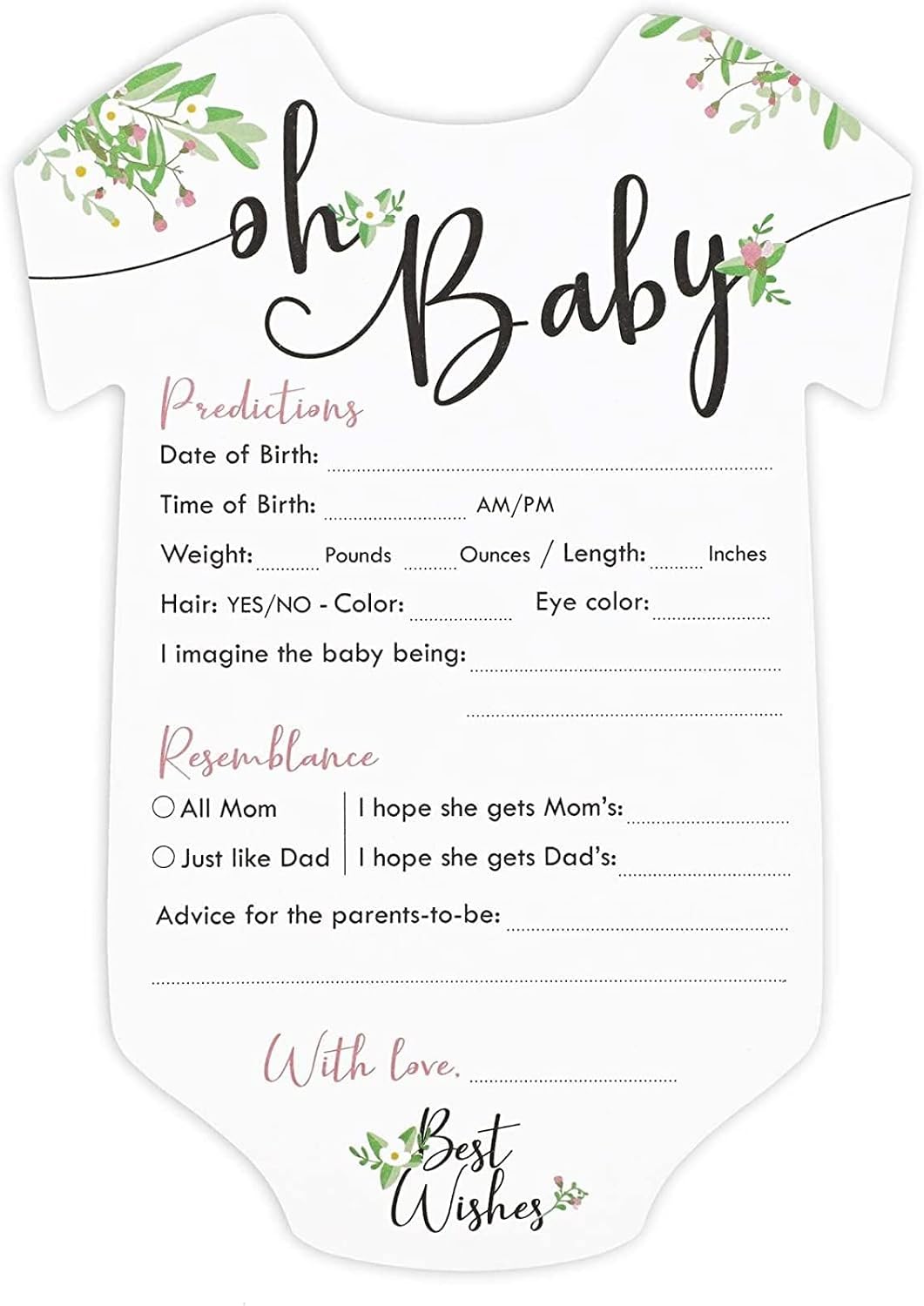 Sparkle and Bash Baby Prediction Cards - 5 x 7 in, Pack of 50, Black White Pink Floral - Baby Shower Predictions & Advice Cards for Parents-to-Be