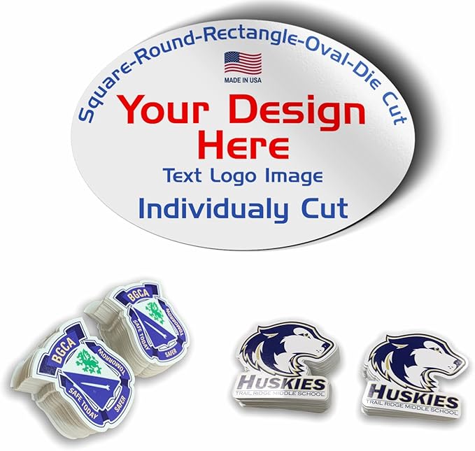 Avgrafx Personalized Die Cut Individual Vinyl Stickers Labels, Waterproof Dishwasher Safe, Made USA, Tearproof Your Design or Image