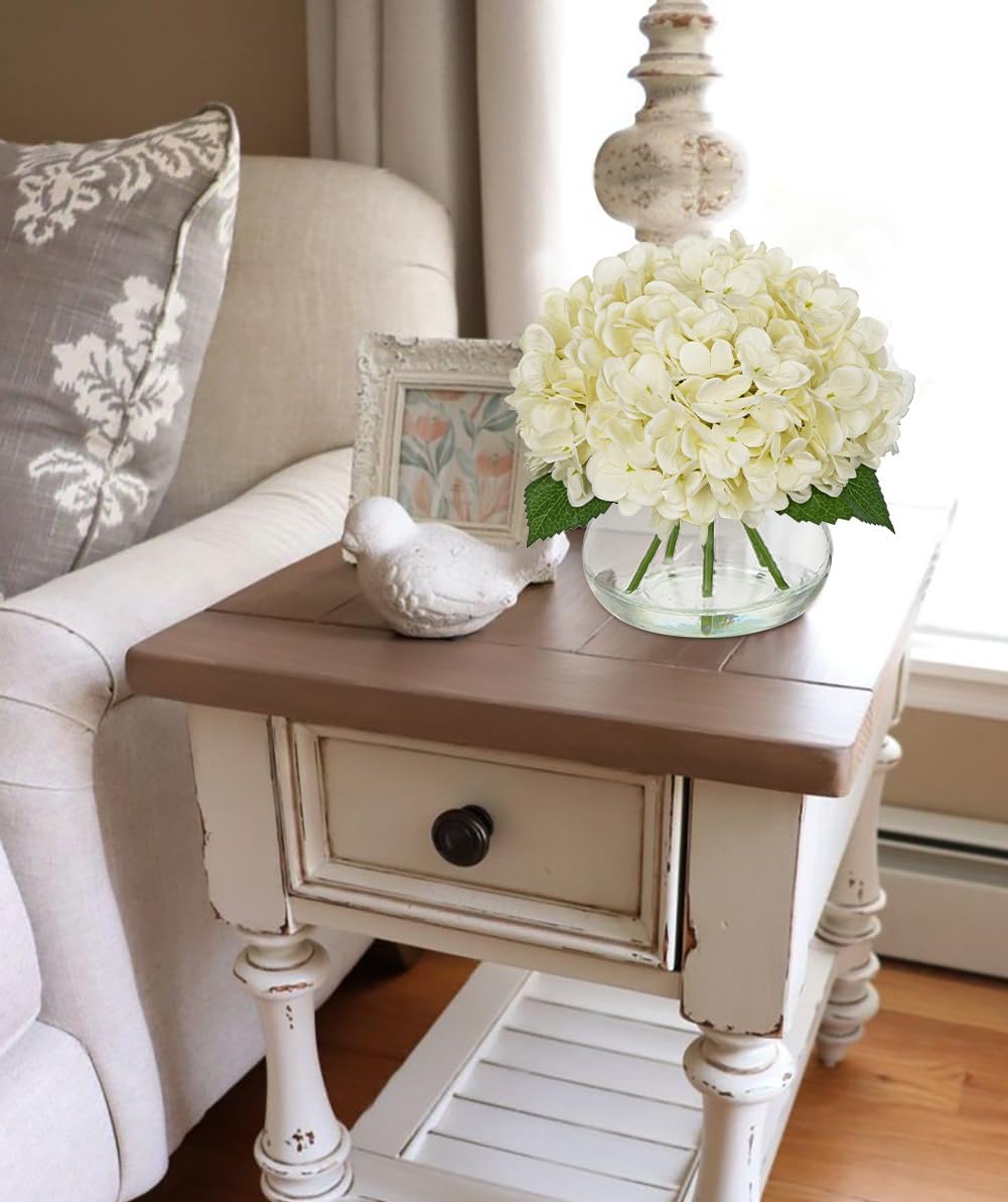 Hollyone Ivory White Hydrangea Artificial Flowers with Glass Vase Green Silk ...