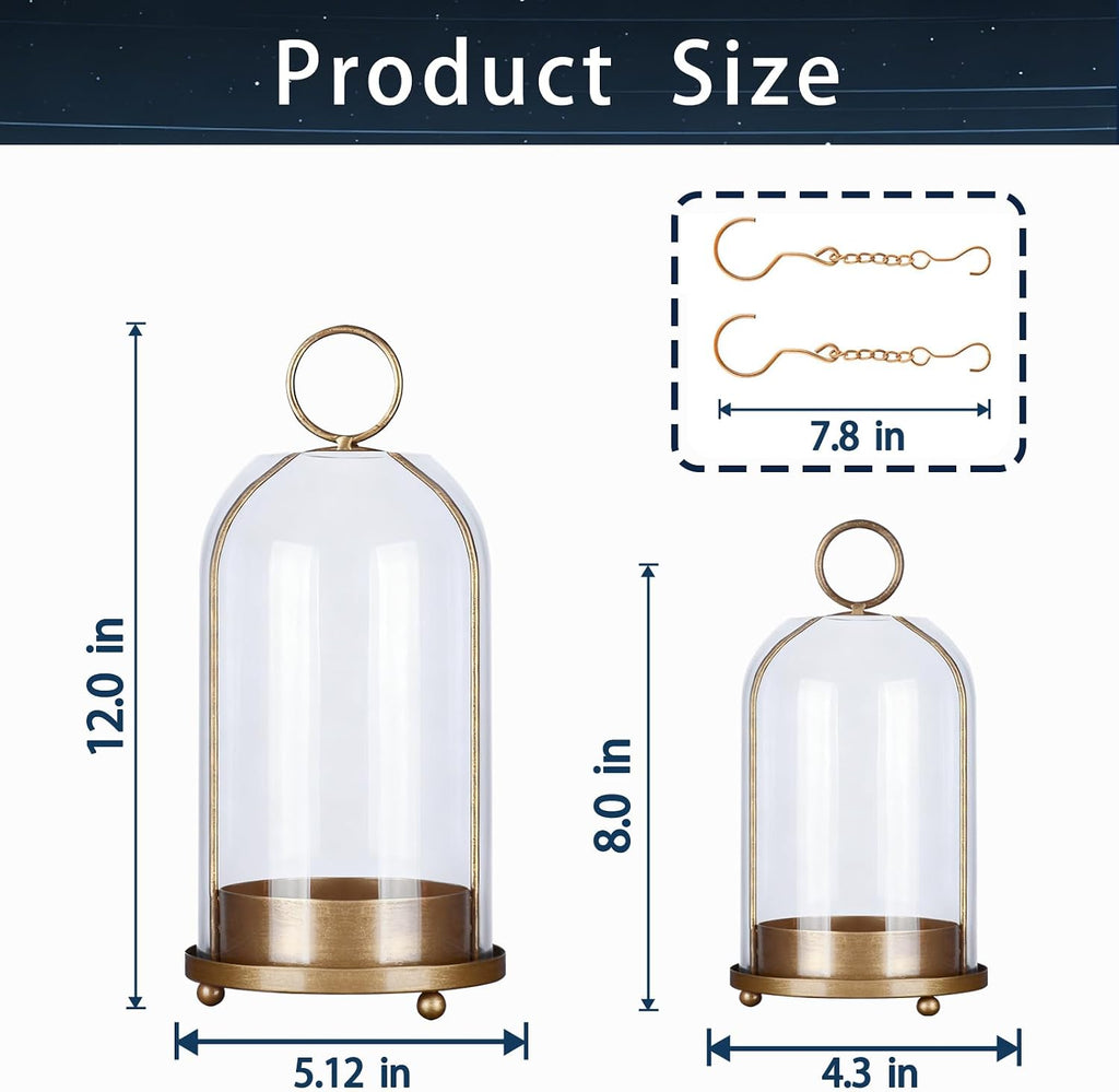 Hurricane Bell Jar Candle Holder Clear Dome Cover Holders with Iron Base Set of 2 Vintage Pillar Glass Candles Cloche for Tabletop Centerpieces or Hanging (1, Gold)