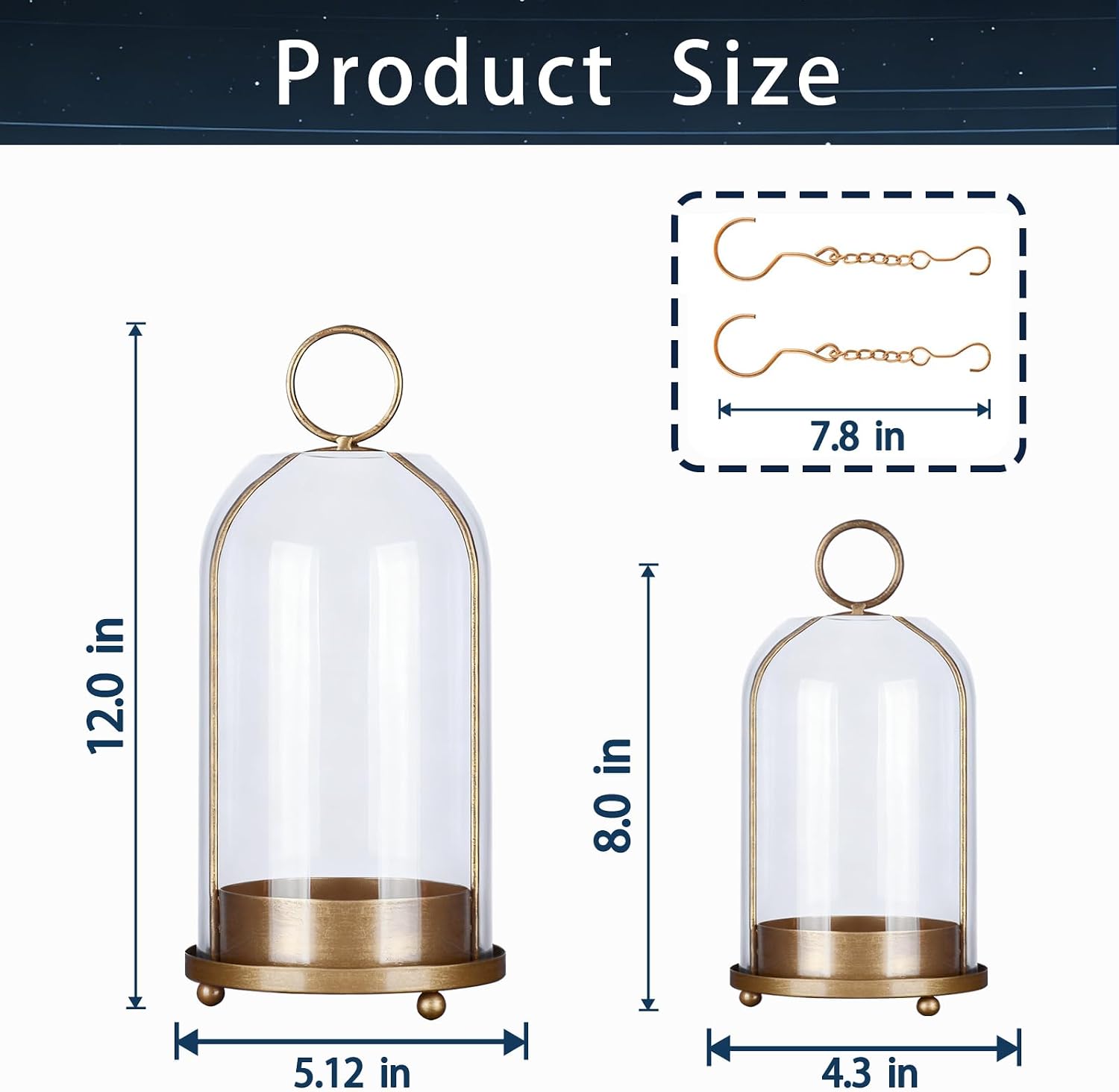 Hurricane Bell Jar Candle Holder Clear Dome Cover Holders with Iron Base Set of 2 Vintage Pillar Glass Candles Cloche for Tabletop Centerpieces or Hanging (1, Gold)