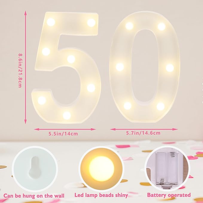 Decorative Led Light Up Numbers, 50th Birthday Decorations, Warm White Led Numbers Lights, Lighted Marquee Number Sign for Sweet 50th Party Decor