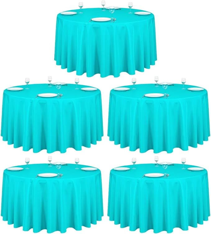 LTC LINENS 5 Pack 120 Inch Round Tablecloth Turquoise - Bulk for 60 Inch Round Table Floor Length - Washable, Wrinkle Resistant Polyester Fabric Cloth for Parties