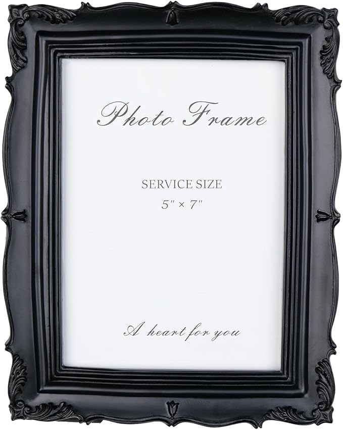Cuspin Vintage 5x7 Picture Frame Black, Handmade Resin Frame with Carved Texture & Glass Front, Antique Retro Design for Tabletop Display or Wall Hanging, Black Photo Frames Home Decor