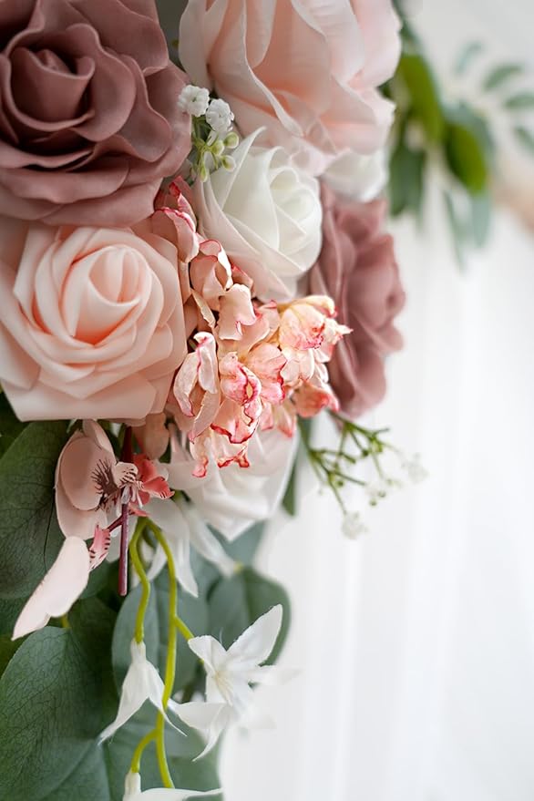 Dusty Rose Artificial Wedding Arch Flowers Kit (Pack of 3) with 26Ft White Shiny Arch Draping Fabric for DIY Wedding Party Ceremony Reception Backdrop Floral Decoration