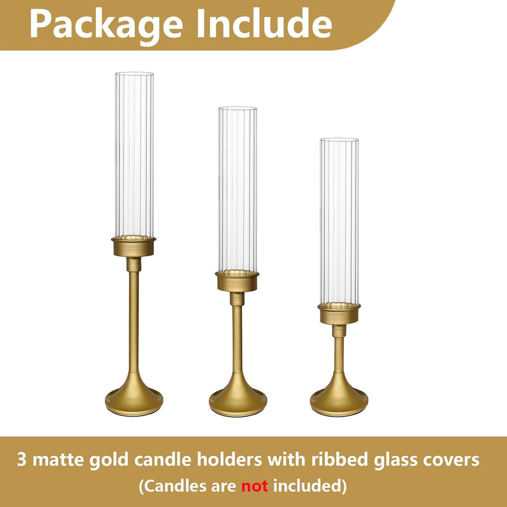 Gold Hurricane Candle Holders - Brass Candlestick Holders Set of 3 Tall Taper Candlesticks Fluted Glass Candle Stick Holder Decor for Wedding Party Christmas Mantel Dining Table Centerpieces