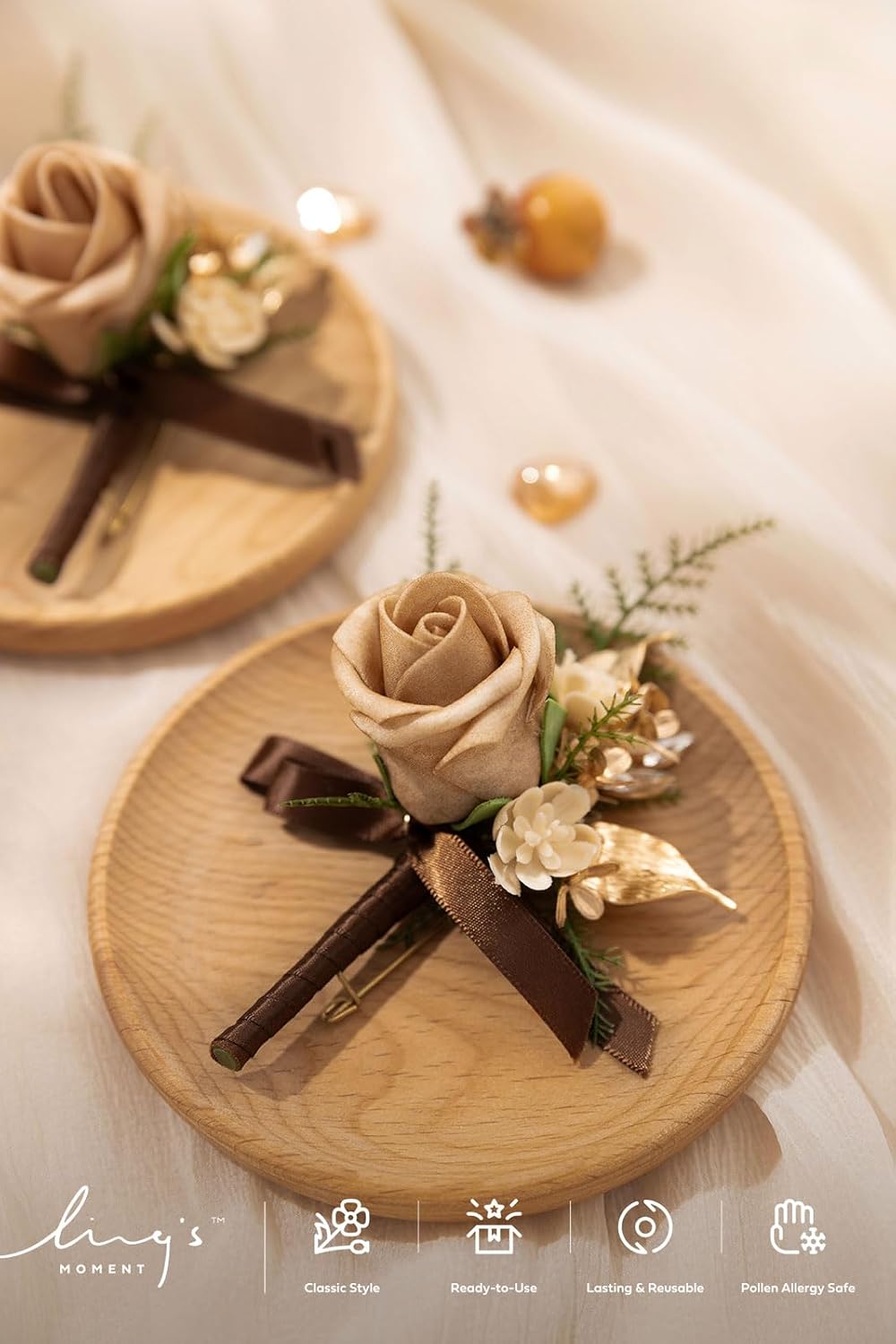 Ling's moment Boutonniere for Men, 2pcs Groom Groomsmen Guest Boutonniere, Artificial Flowers for Wedding/Prom/Homecoming, etc.Brown Golden Glove